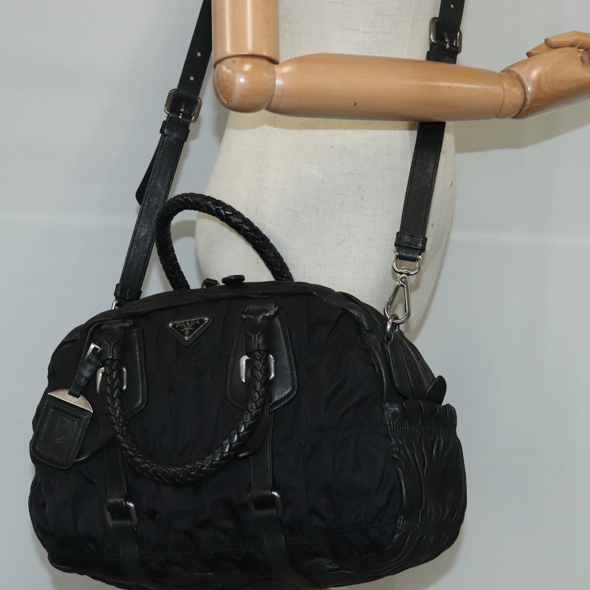 PRADA Gathered Hand Bag Nylon Leather 2way Black Auth 102754