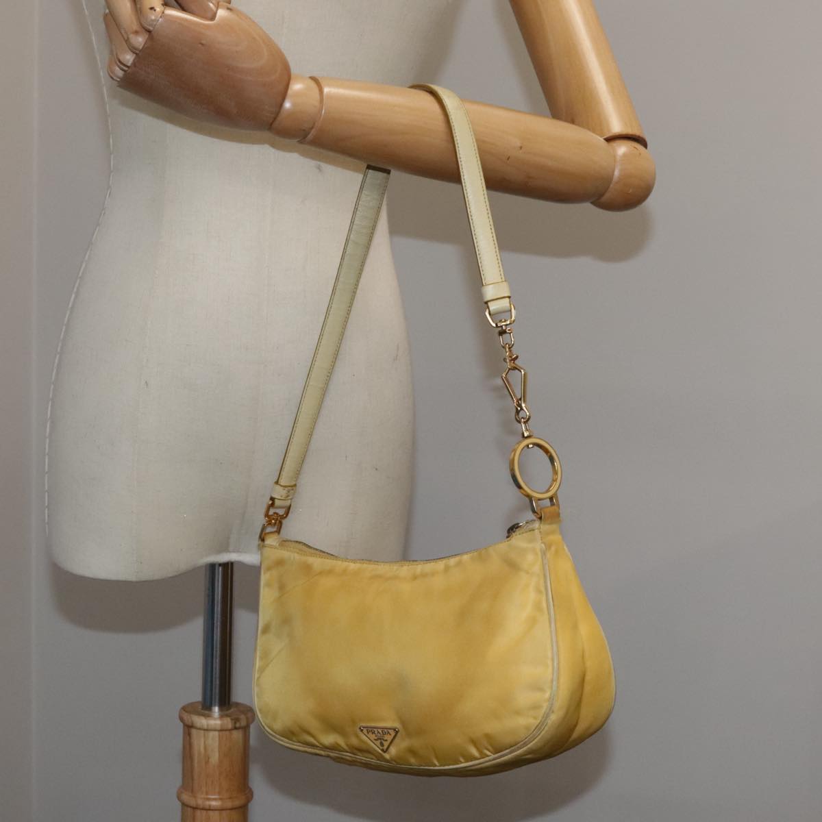 PRADA Shoulder Bag Nylon Leather Yellow Gold Auth 102786