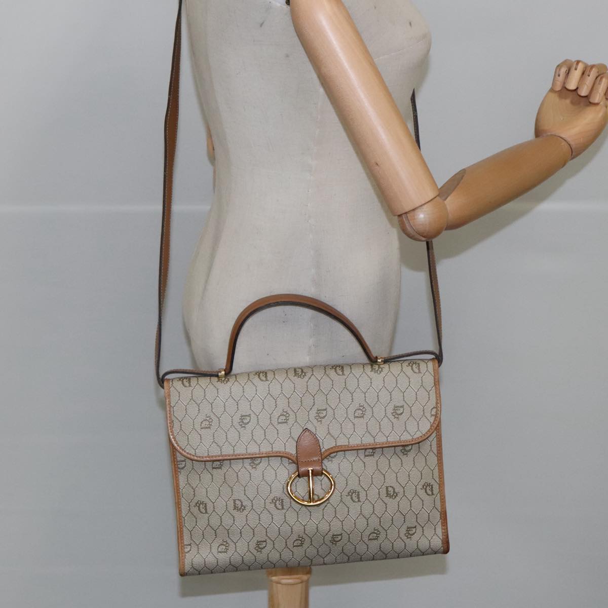 Christian Dior Honeycomb Canvas Hand Bag PVC Leather 2way Beige Gold Auth 102809