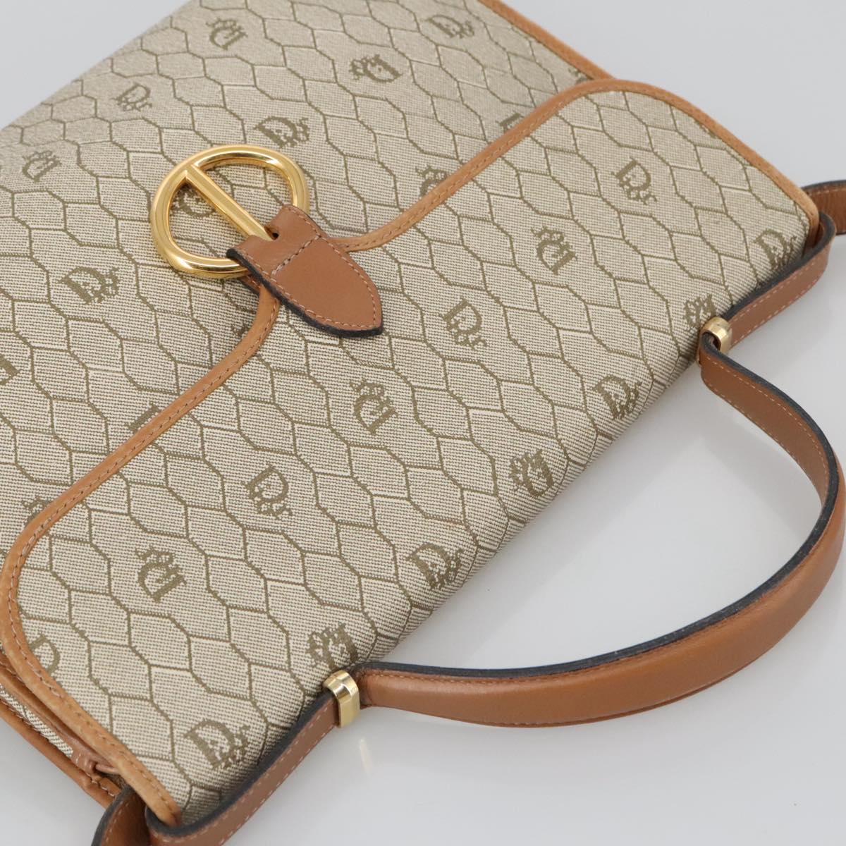 Christian Dior Honeycomb Canvas Hand Bag PVC Leather 2way Beige Gold Auth 102809