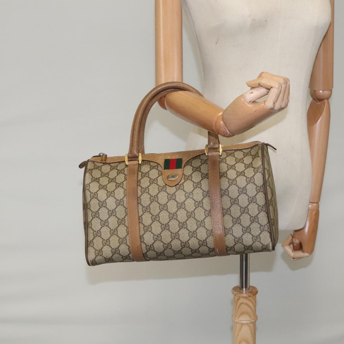 GUCCI GG Supreme Web Sherry Line Hand Bag PVC Beige Gold 39 02 007 Auth 102825