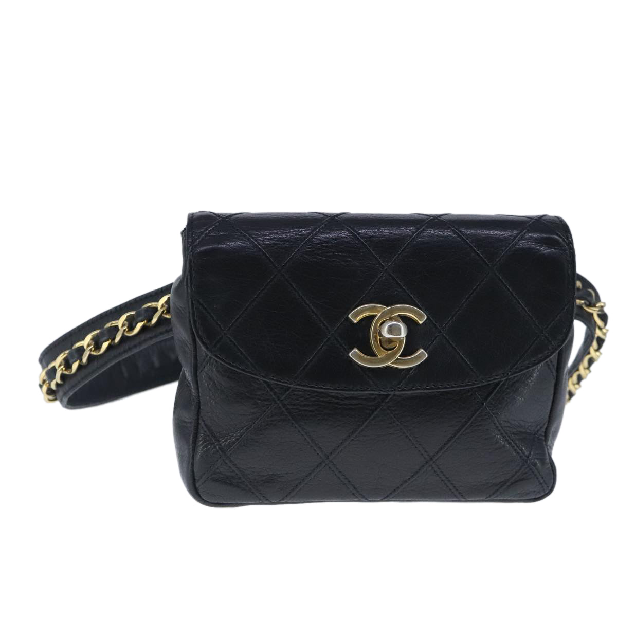 CHANEL Bicolore Chain Waist bag Leather Black Gold CC Auth 102826