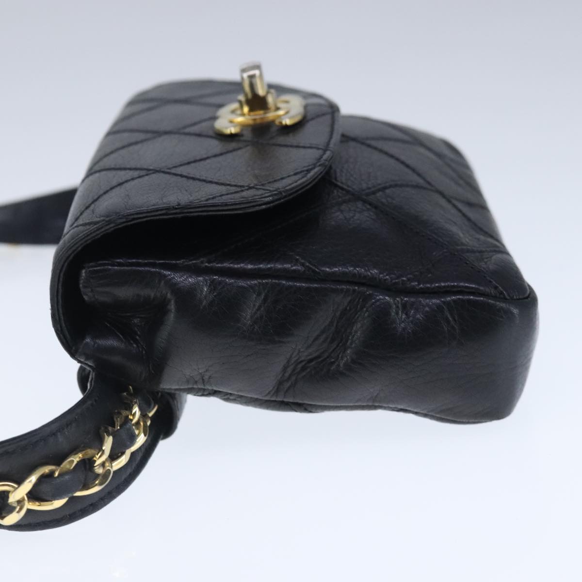 CHANEL Bicolore Chain Waist bag Leather Black Gold CC Auth 102826