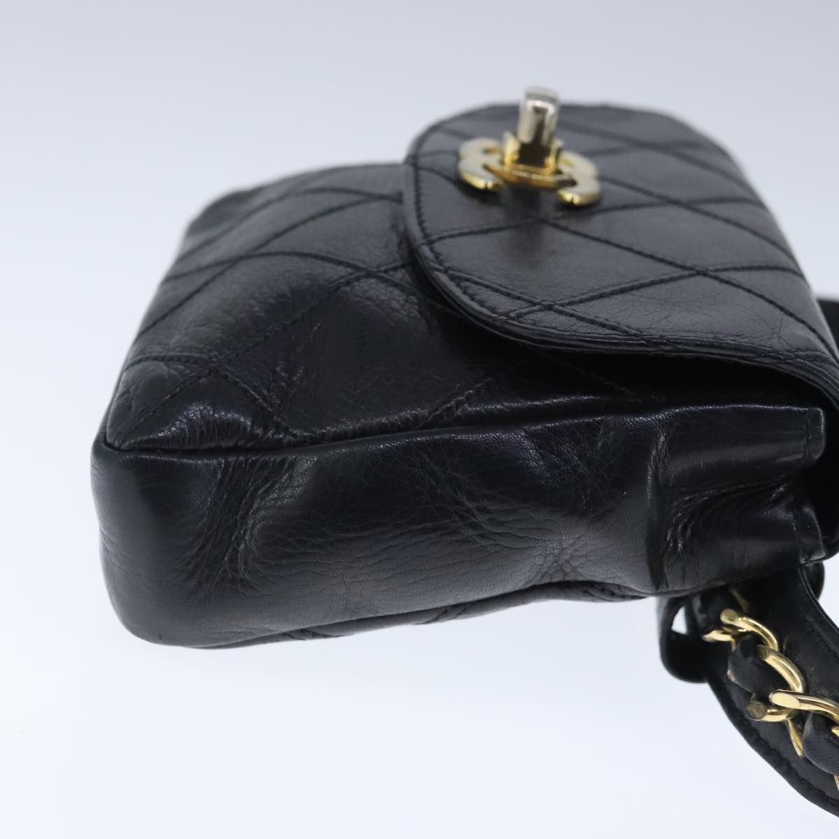 CHANEL Bicolore Chain Waist bag Leather Black Gold CC Auth 102826