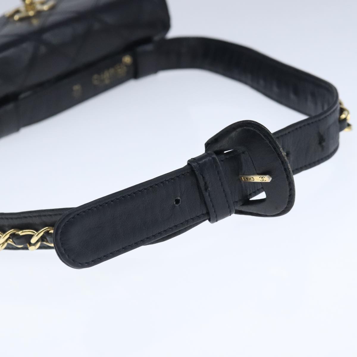 CHANEL Bicolore Chain Waist bag Leather Black Gold CC Auth 102826