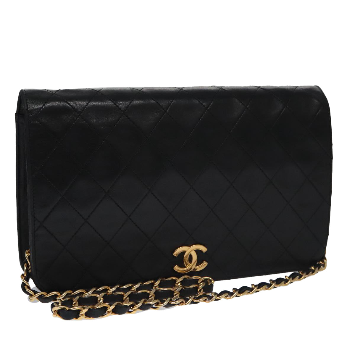 CHANEL Matelasse Chain Shoulder Bag Lamb Skin Black Gold CC Auth 102829