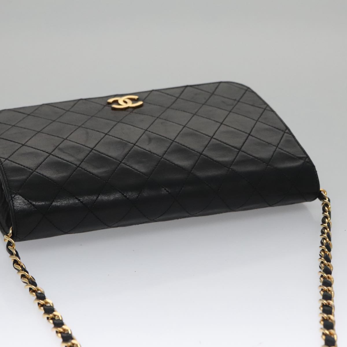 CHANEL Matelasse Chain Shoulder Bag Lamb Skin Black Gold CC Auth 102829