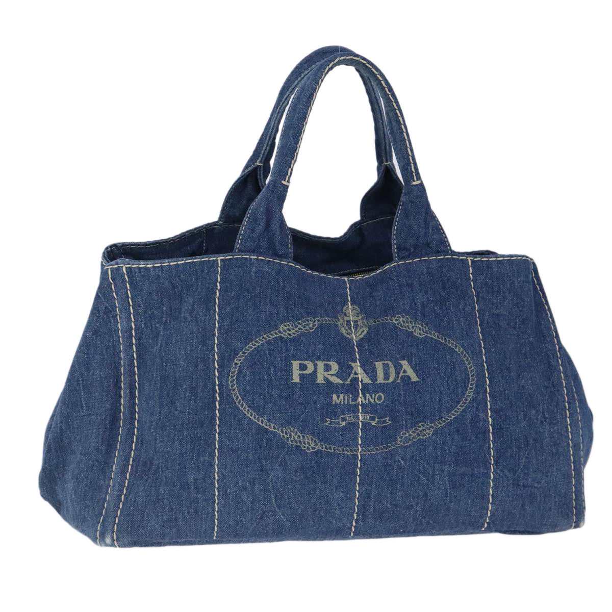 PRADA Canapa GM Hand Bag Denim Blue Gold Auth 102833