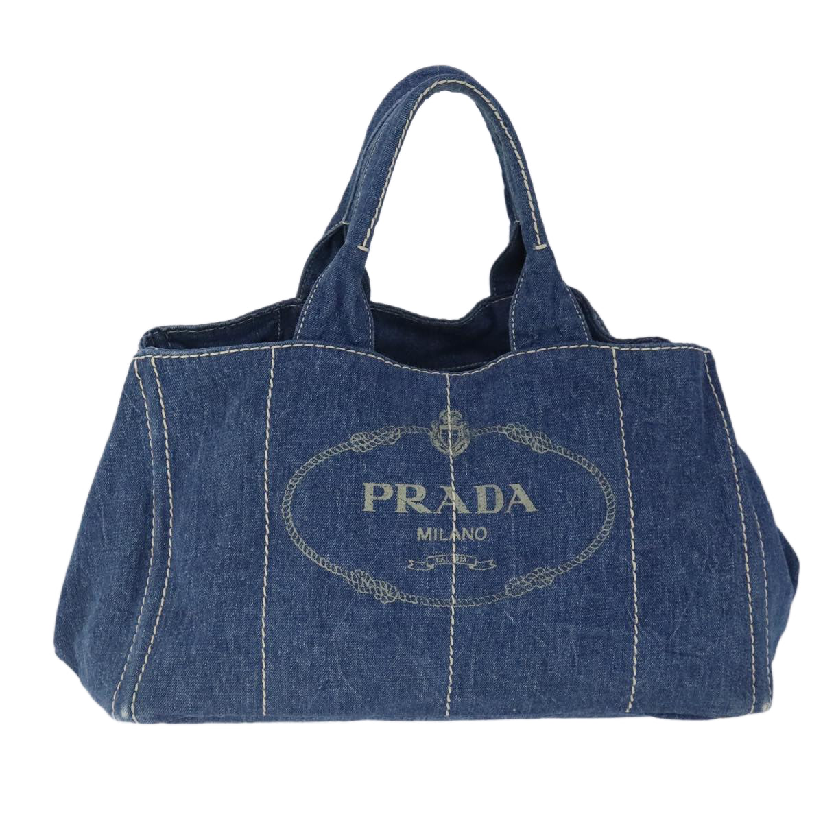 PRADA Canapa GM Hand Bag Denim Blue Gold Auth 102833