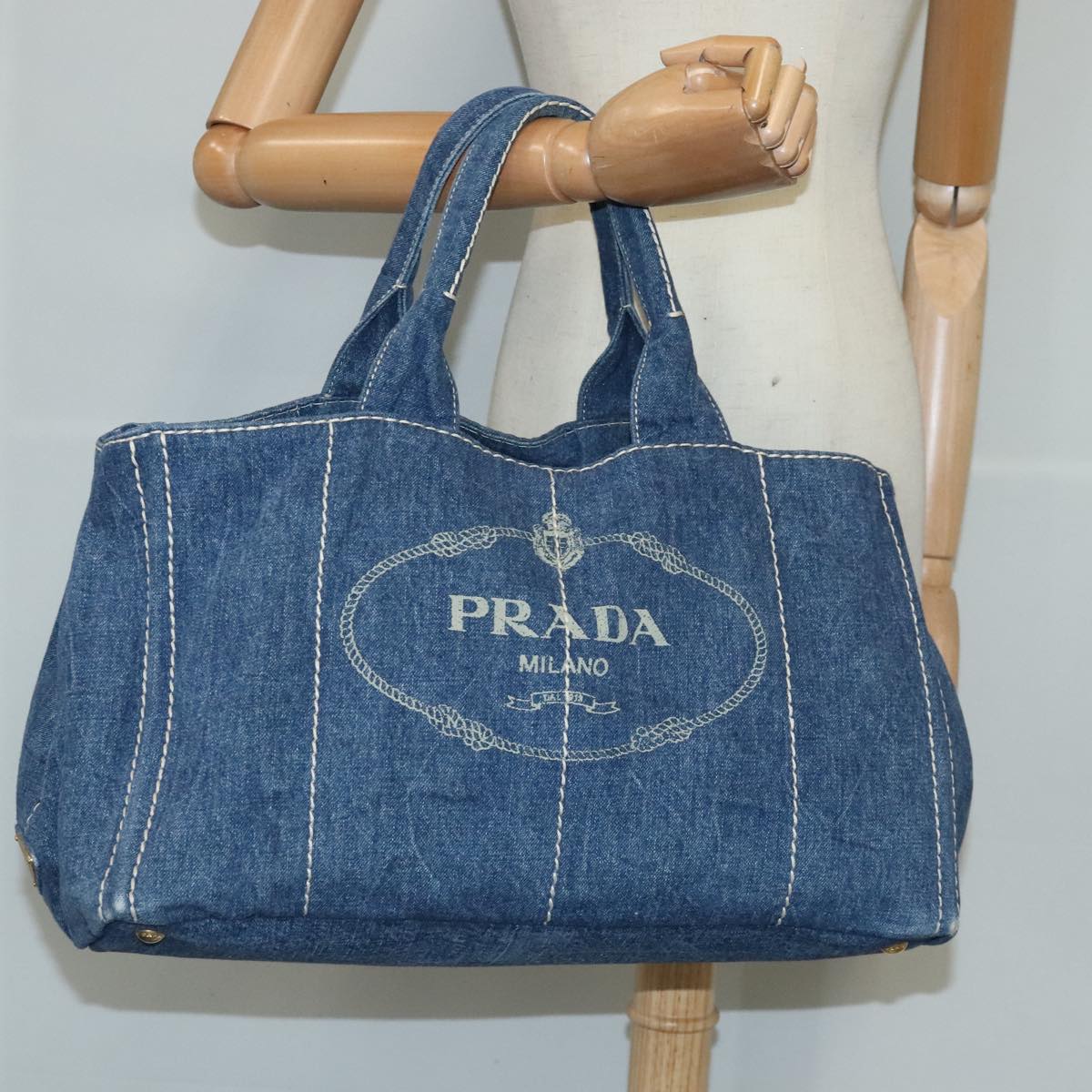 PRADA Canapa GM Hand Bag Denim Blue Gold Auth 102833