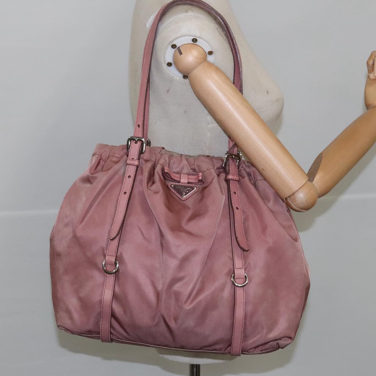 PRADA Tote Bag Nylon Leather Pink Silver Auth 102844