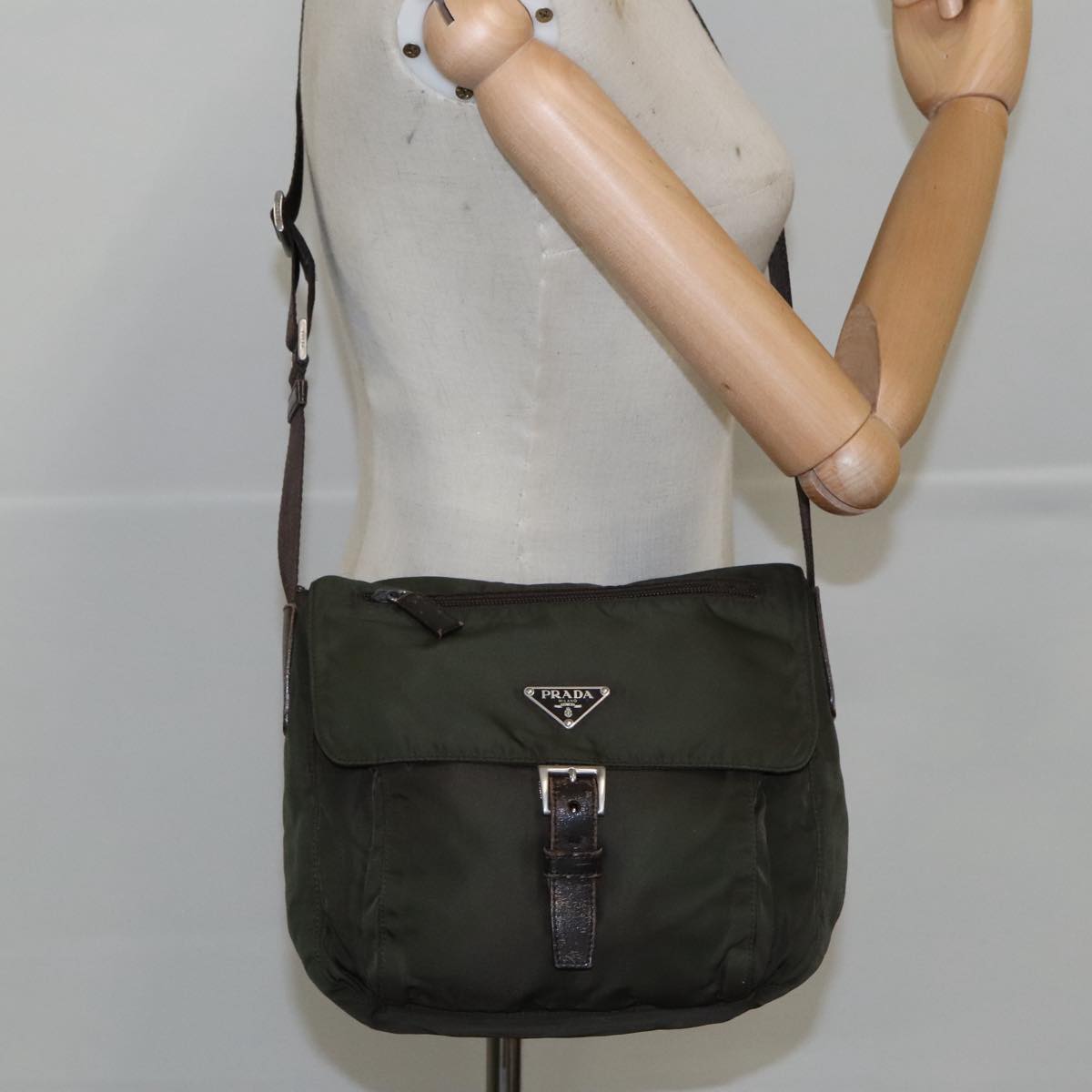 PRADA Shoulder Bag Nylon Khaki Brown Silver Auth 102851