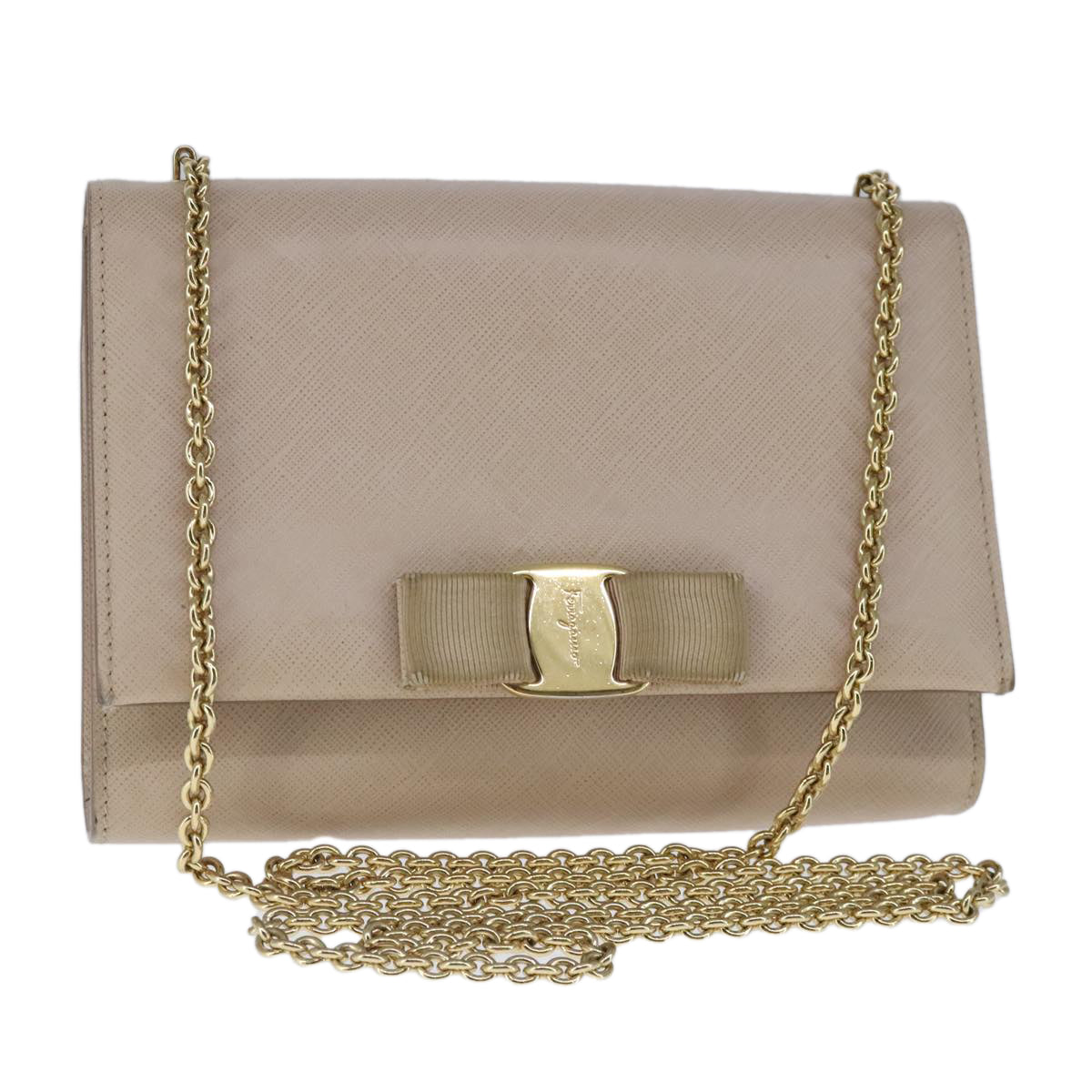 Salvatore Ferragamo Vala Chain Shoulder Bag Leather Beige Gold Auth 102951