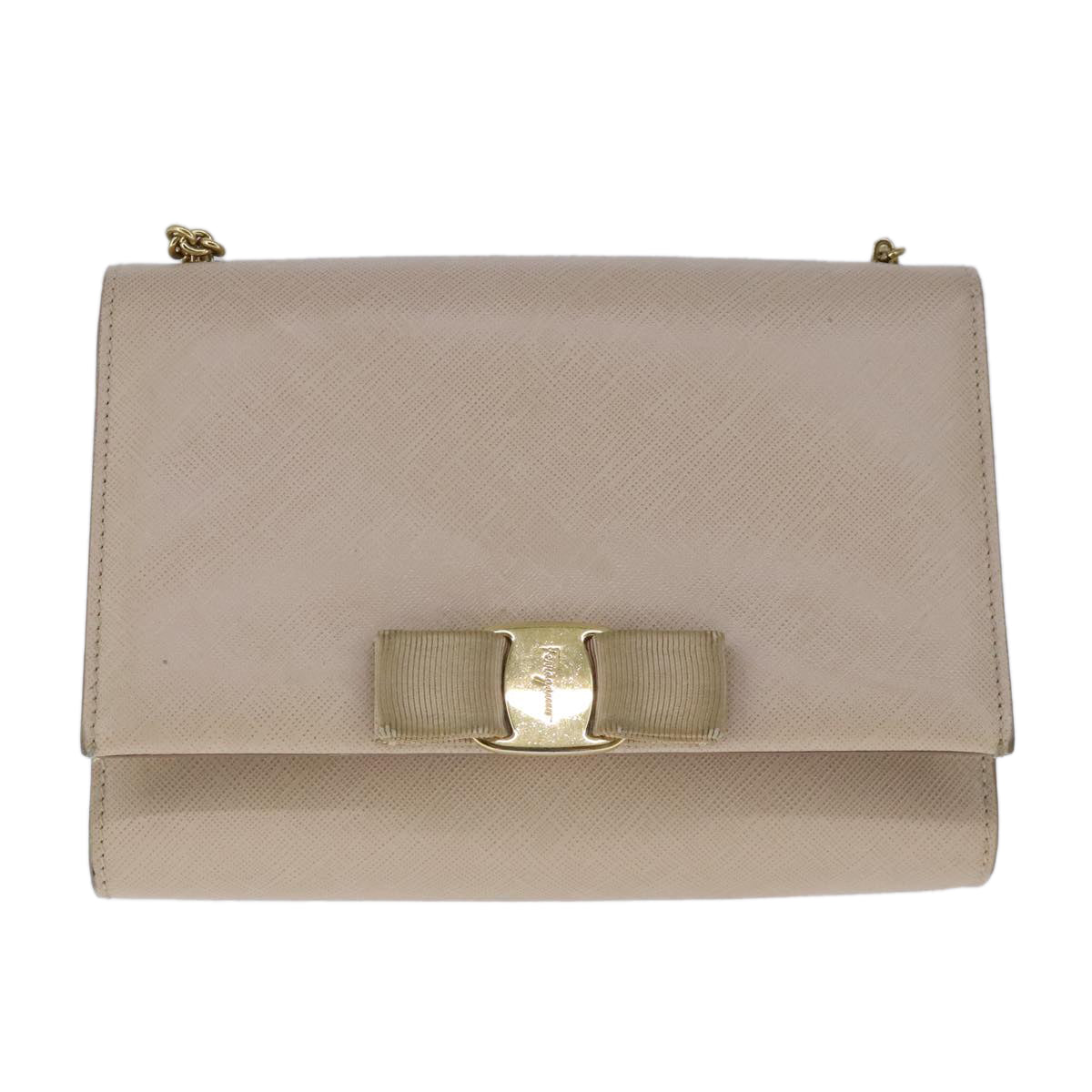 Salvatore Ferragamo Vala Chain Shoulder Bag Leather Beige Gold Auth 102951 - 0