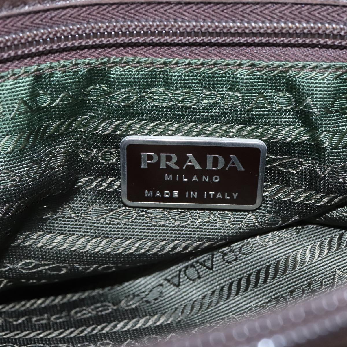 PRADA Tote Bag Nylon Khaki Brown Silver Auth 102966