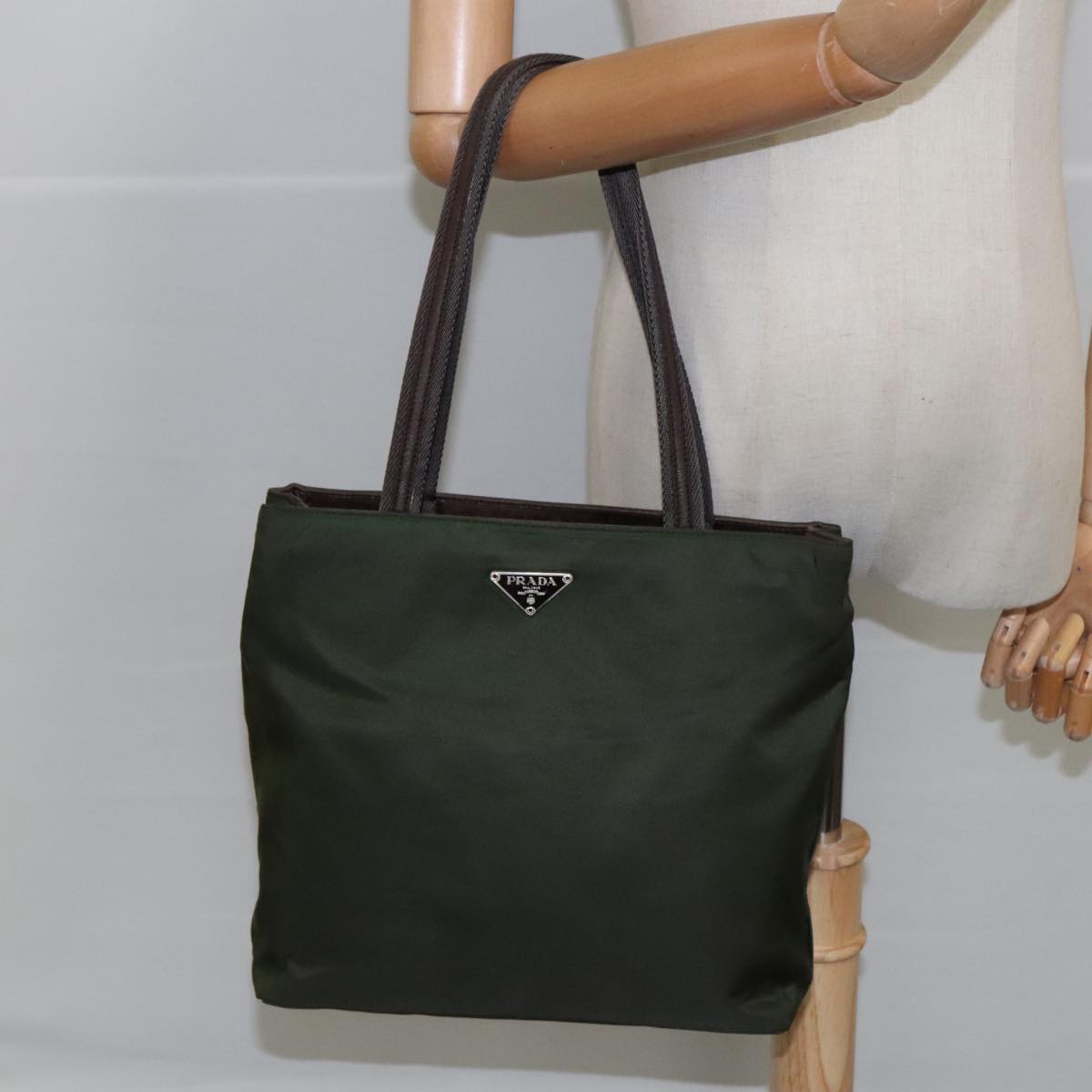 PRADA Tote Bag Nylon Khaki Brown Silver Auth 102966