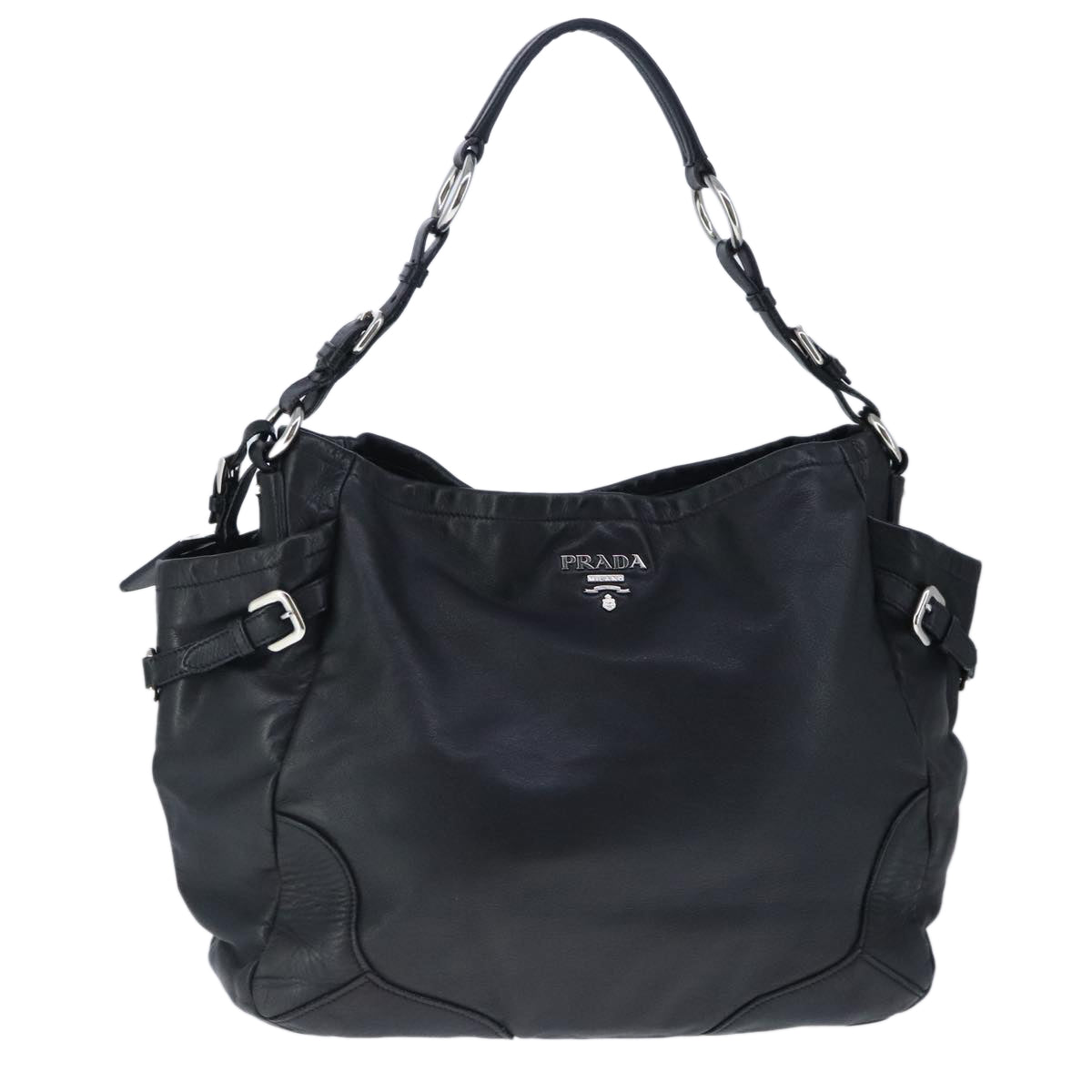 PRADA Shoulder Bag Leather Black Silver Auth 102971