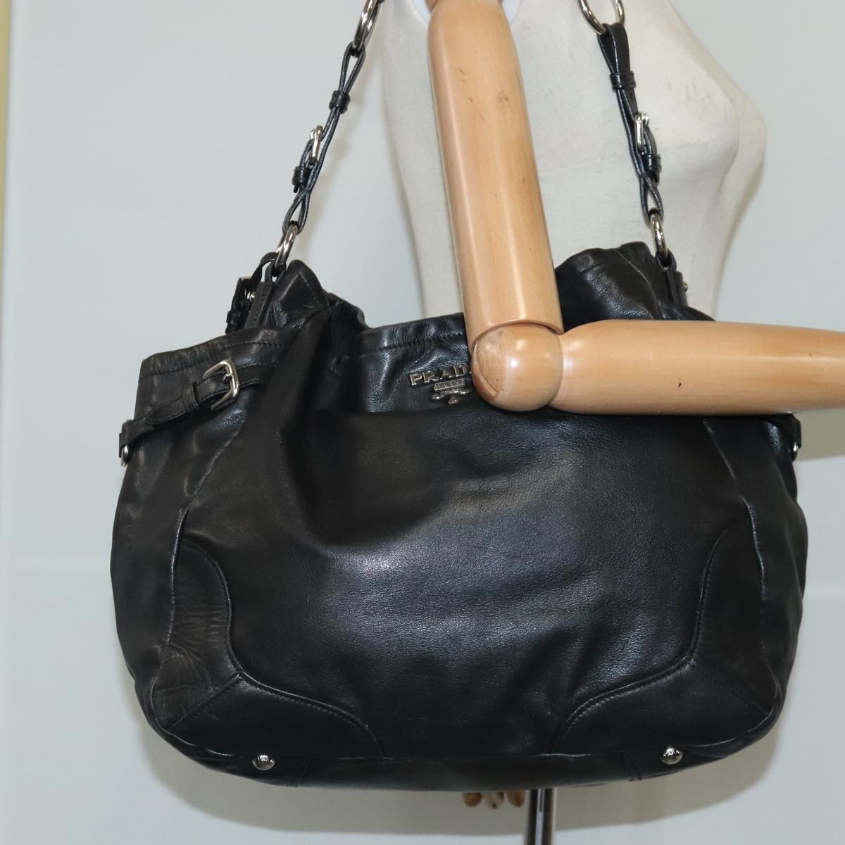 PRADA Shoulder Bag Leather Black Silver Auth 102971