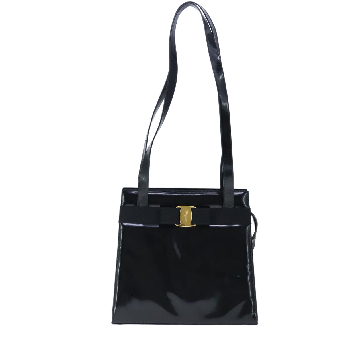 Salvatore Ferragamo Vala Shoulder Bag Patent leather Black Gold Auth 102981 - 0