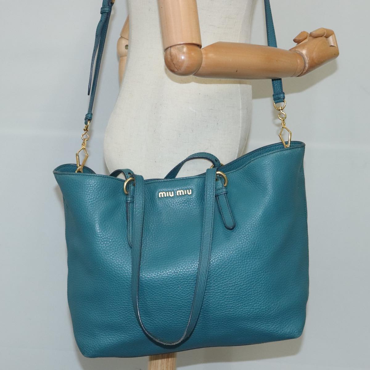 Miu Miu Tote Bag Leather 2way Blue Gold Auth 102989