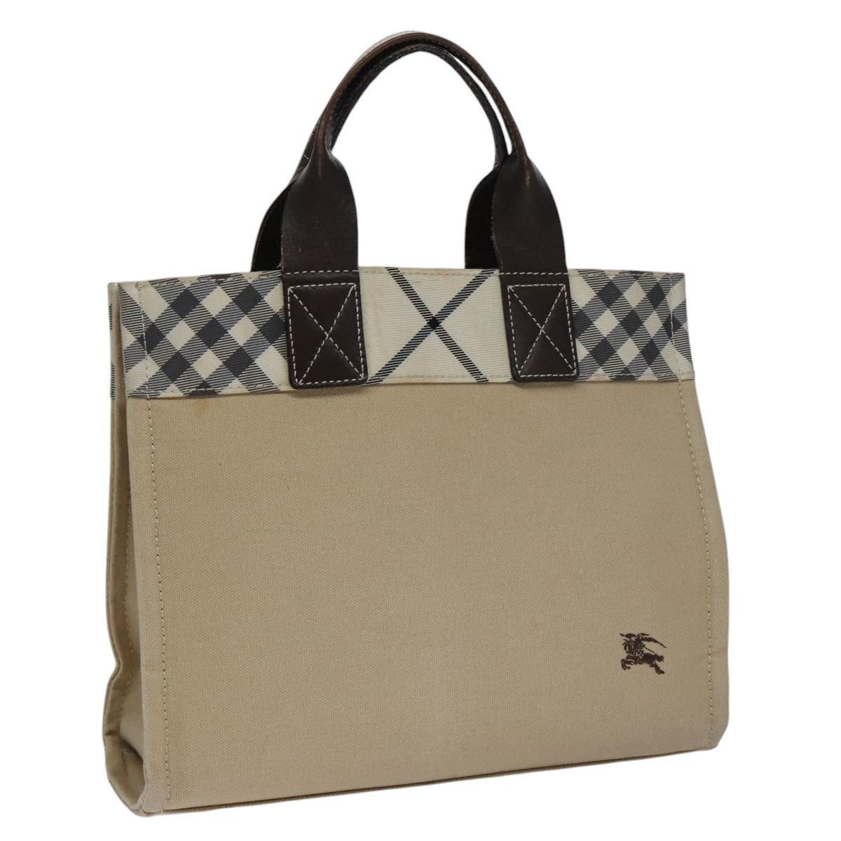 BURBERRY Nova Check Blue Label Hand Bag Canvas Beige Brown Silver Auth 102995