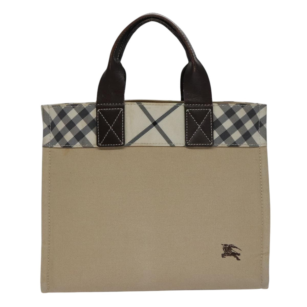 BURBERRY Nova Check Blue Label Hand Bag Canvas Beige Brown Silver Auth 102995