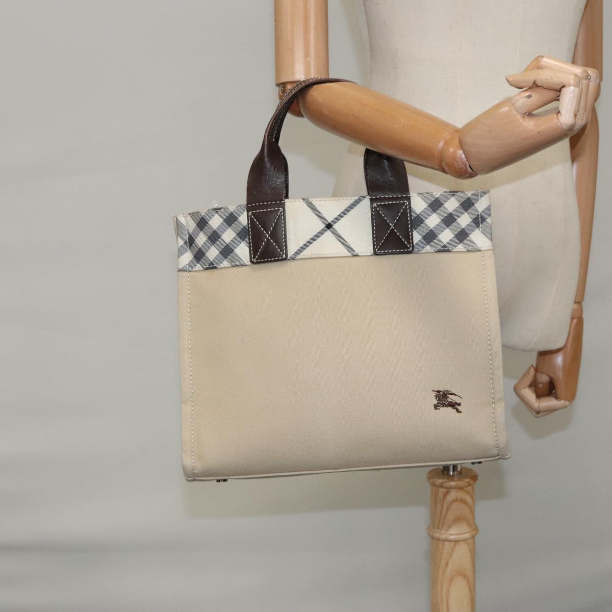 BURBERRY Nova Check Blue Label Hand Bag Canvas Beige Brown Silver Auth 102995