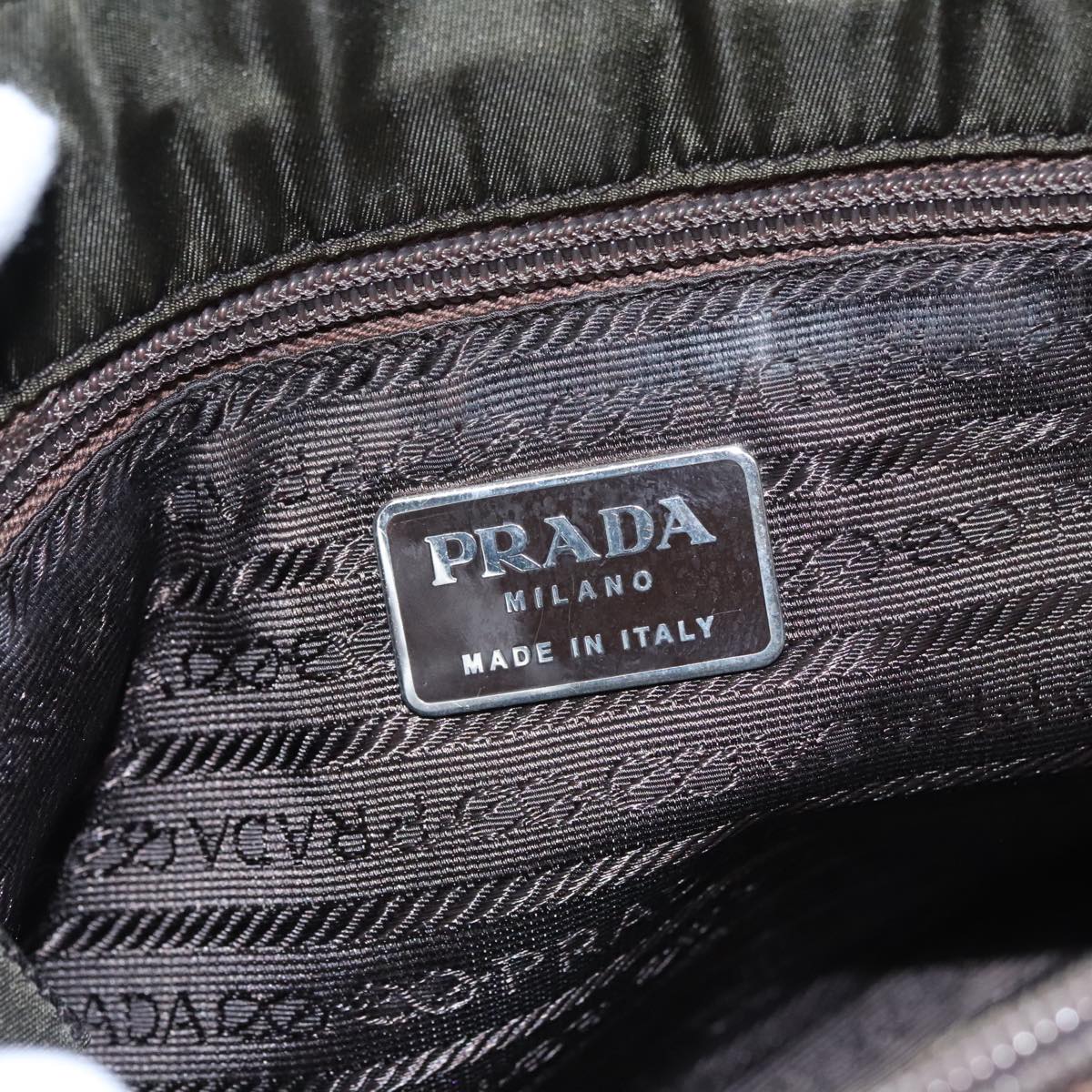 PRADA Tote Bag Nylon Khaki Silver Auth 103004