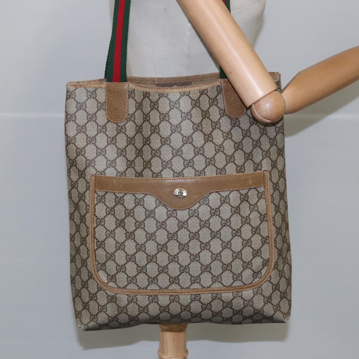 GUCCI GG Supreme Web Sherry Line Tote Bag PVC Beige 39 02 003 Auth 103005