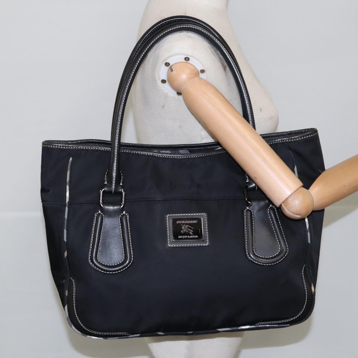 BURBERRY Blue Label Tote Bag Nylon Black Silver Auth 103026