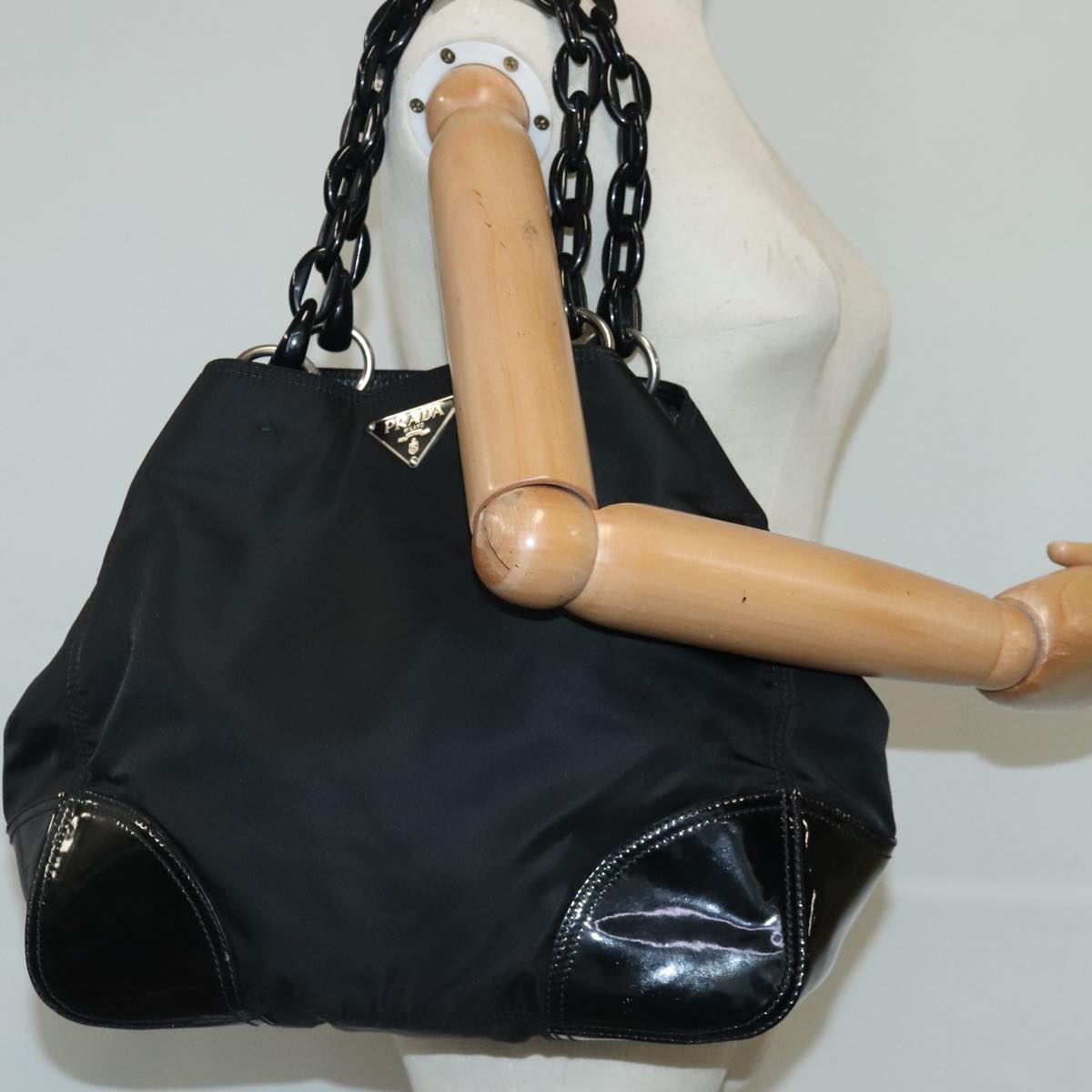 PRADA Chain Tote Bag Nylon Black Auth 103047