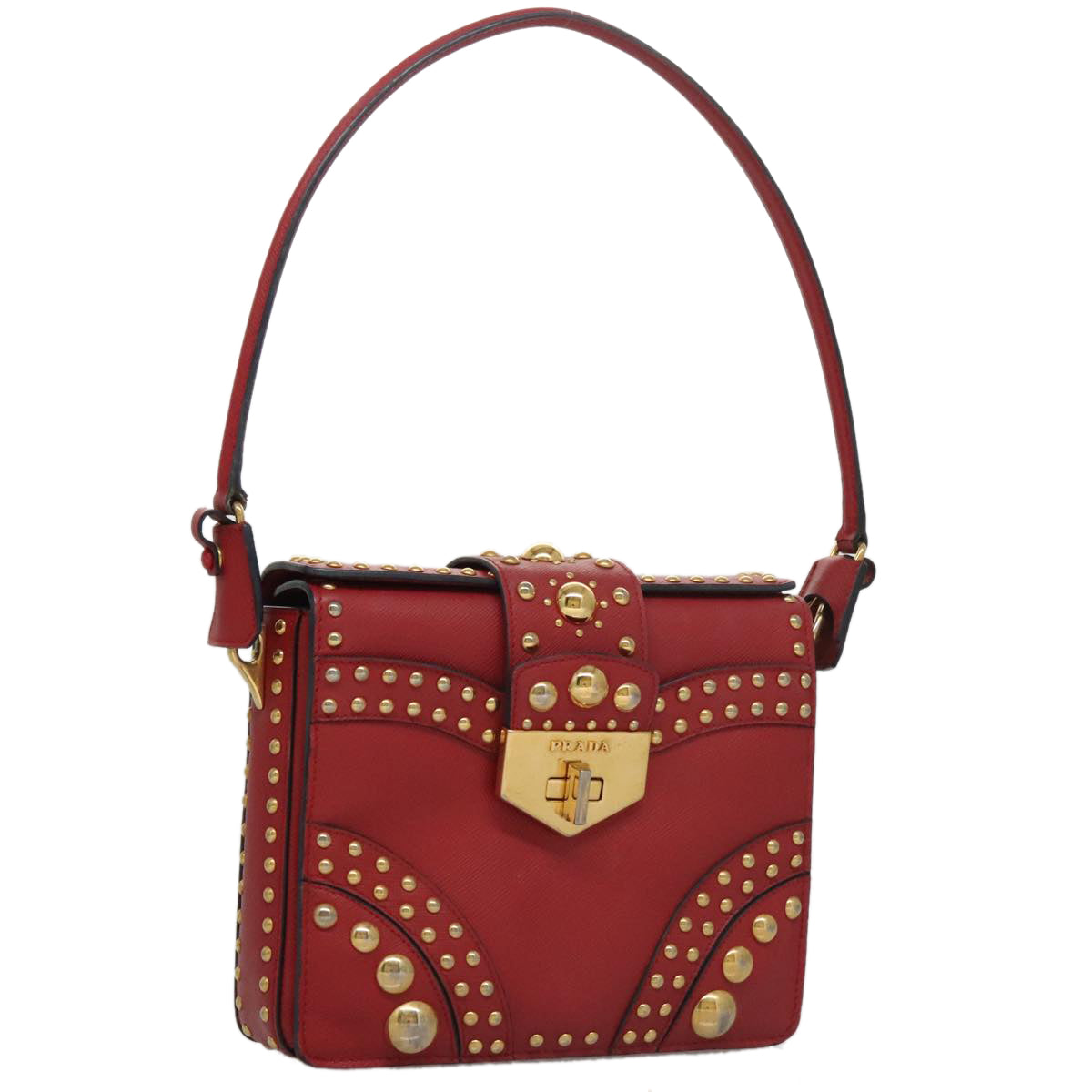 PRADA Shoulder Bag Leather Red Gold Auth 103083