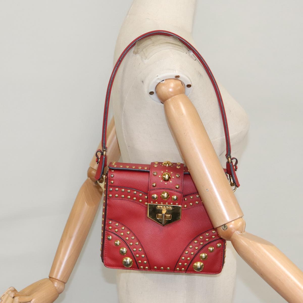 PRADA Shoulder Bag Leather Red Gold Auth 103083