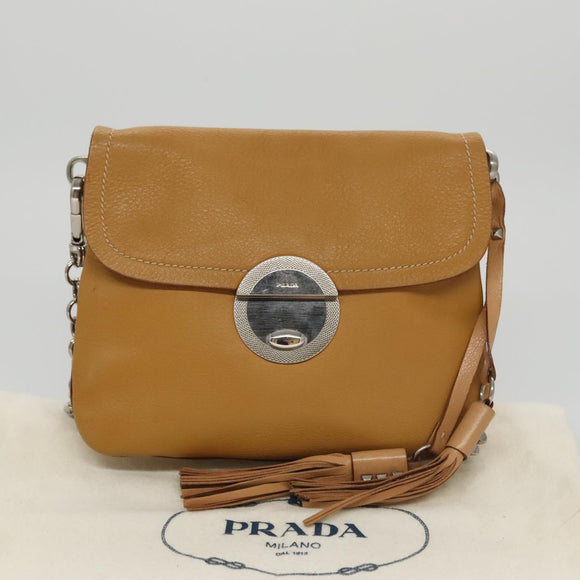 PRADA Chain Shoulder Bag Leather Beige Silver Auth 103084V