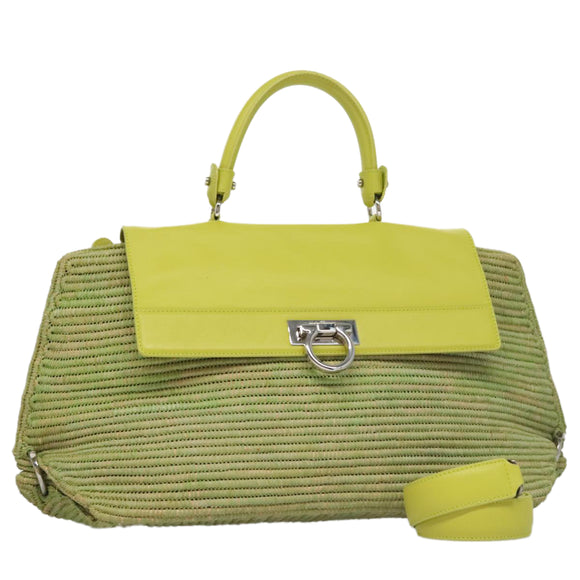 Salvatore Ferragamo Sofia Gancini Hand Bag Straw Leather 2way Green Auth 103207V