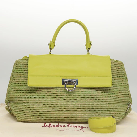 Salvatore Ferragamo Sofia Gancini Hand Bag Straw Leather 2way Green Auth 103207V