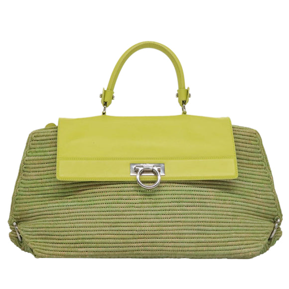 Salvatore Ferragamo Sofia Gancini Hand Bag Straw Leather 2way Green Auth 103207V