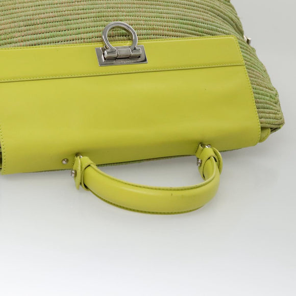 Salvatore Ferragamo Sofia Gancini Hand Bag Straw Leather 2way Green Auth 103207V