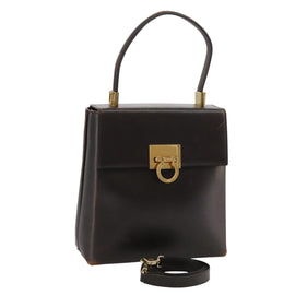 Salvatore Ferragamo Gancini Hand Bag Leather 2way Dark Brown Gold Auth 103214