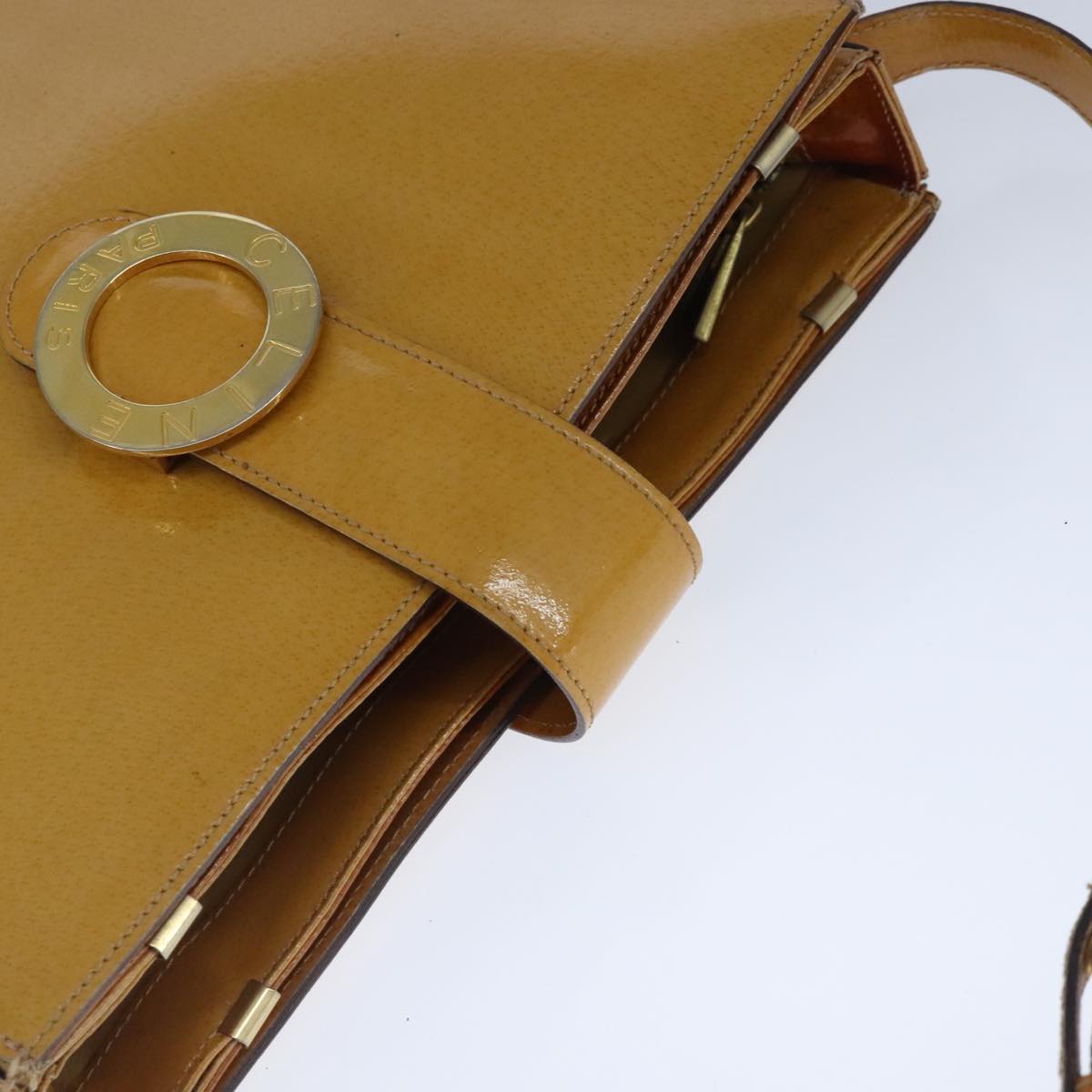 CELINE Shoulder Bag Enamel Beige Gold Auth 103243