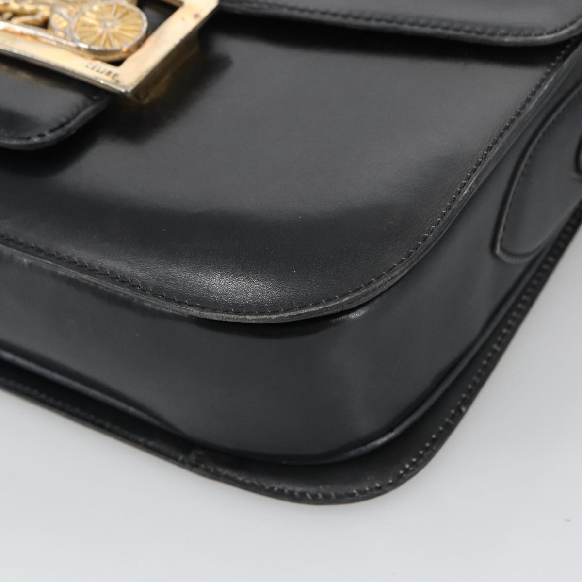 CELINE Shoulder Bag Leather Black Gold Auth 103264