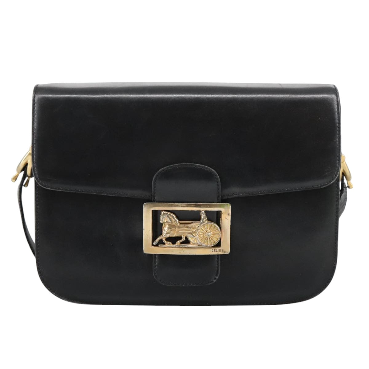 CELINE Shoulder Bag Leather Black Gold Auth 103264