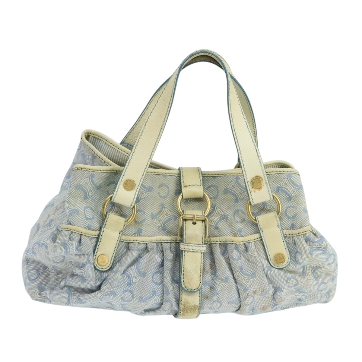 CELINE C Macadam Canvas Hand Bag Light Blue White Gold Auth 103292