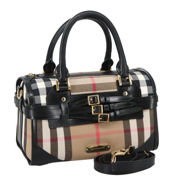BURBERRY Nova Check Hand Bag Canvas 2way Beige Black Auth 103293AV
