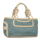 CELINE Hand Bag Straw Leather Blue Cream Gold Auth 103294-1