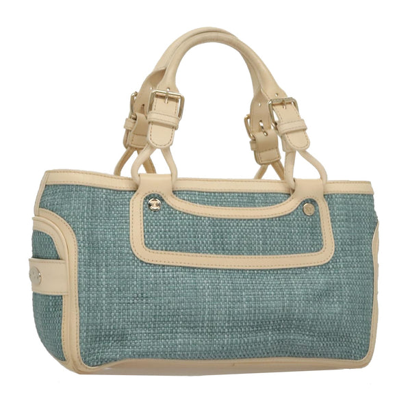 CELINE Hand Bag Straw Leather Blue Cream Gold Auth 103294