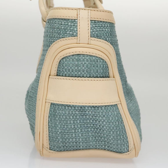 CELINE Hand Bag Straw Leather Blue Cream Gold Auth 103294