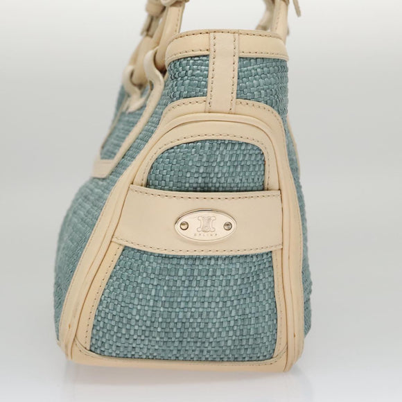 CELINE Hand Bag Straw Leather Blue Cream Gold Auth 103294