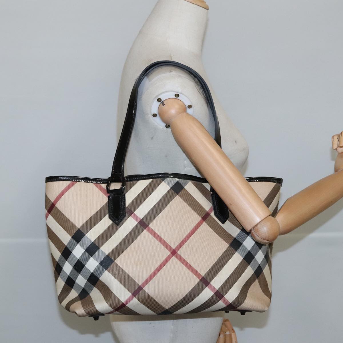 BURBERRY Nova Check Tote Bag PVC Beige Auth 103298