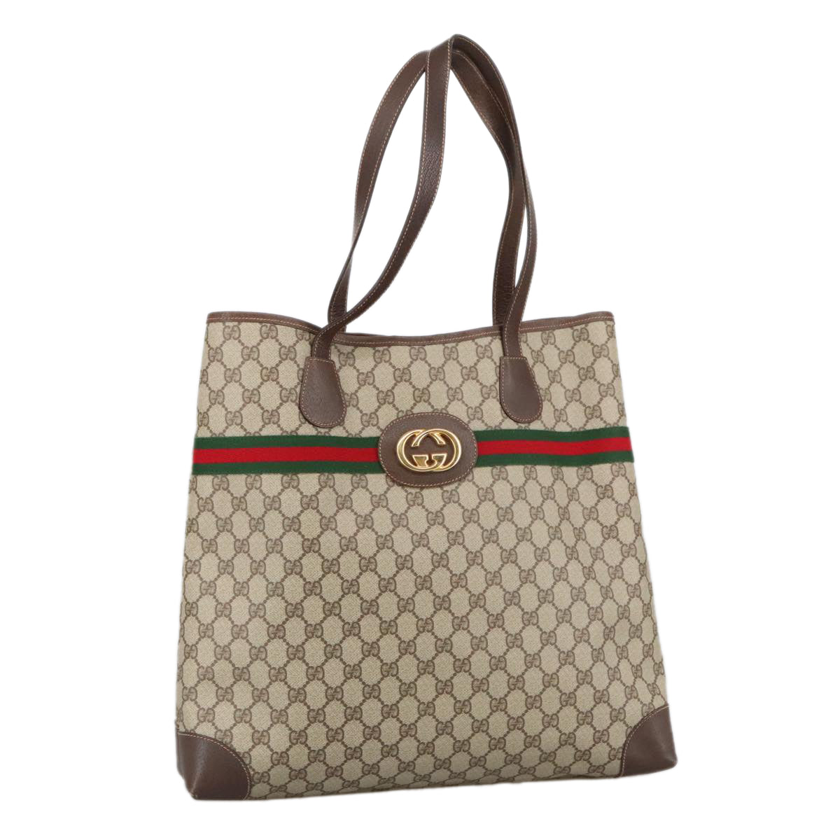 GUCCI GG Supreme Web Sherry Line Tote Bag PVC Leather Beige Gold Auth 103312